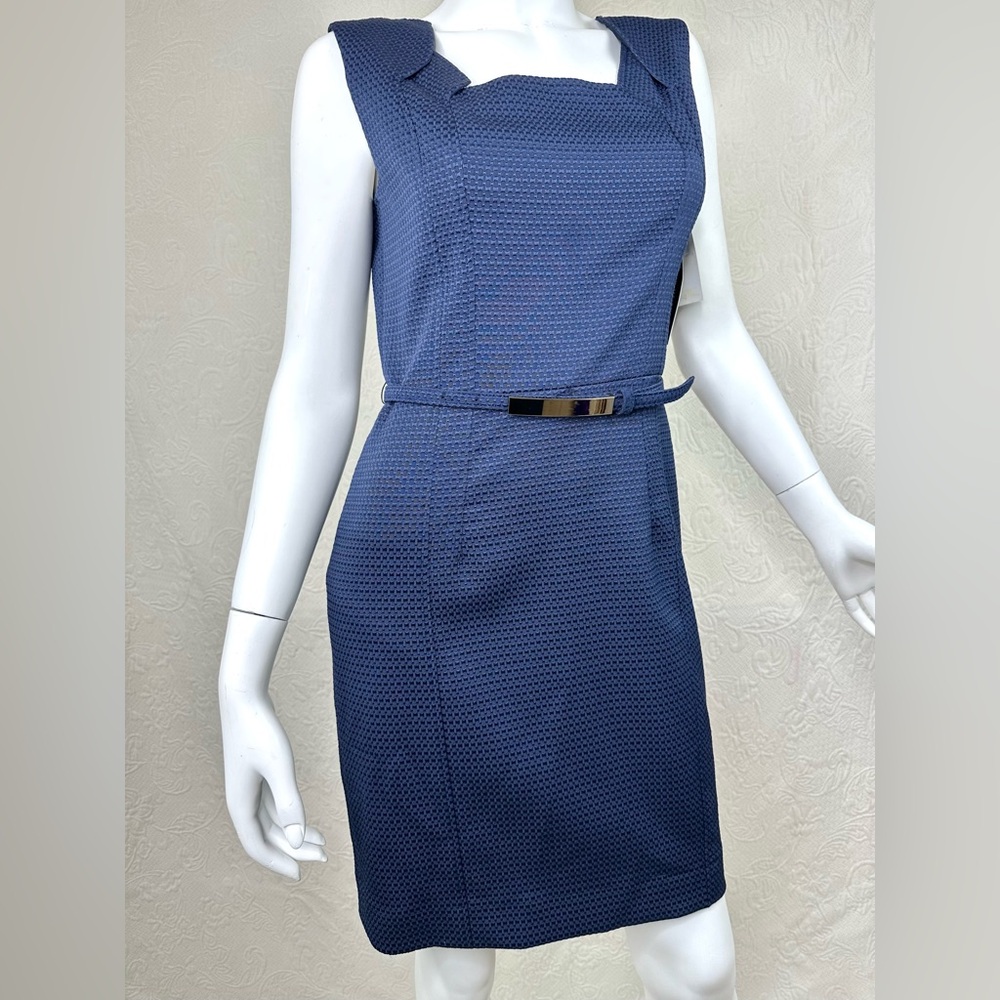 David Meister NWT Sleeveless Textured Navy Dress w/Belt